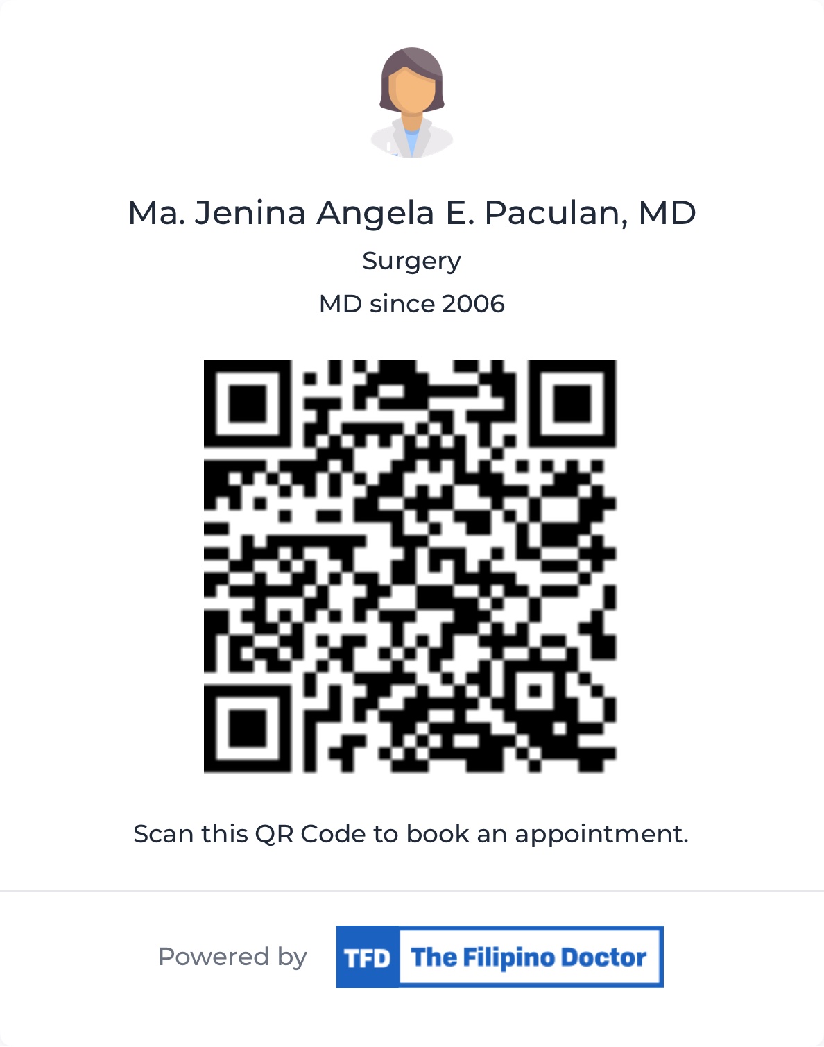 QR code for booking an appointment with Ma. Jenina Angela E. Paculan, MD through The Filipino Doctor